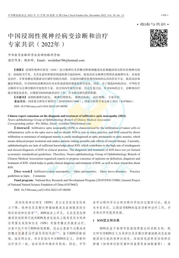 中国浸润性视神经病变诊断和治疗专家共识(2022年)