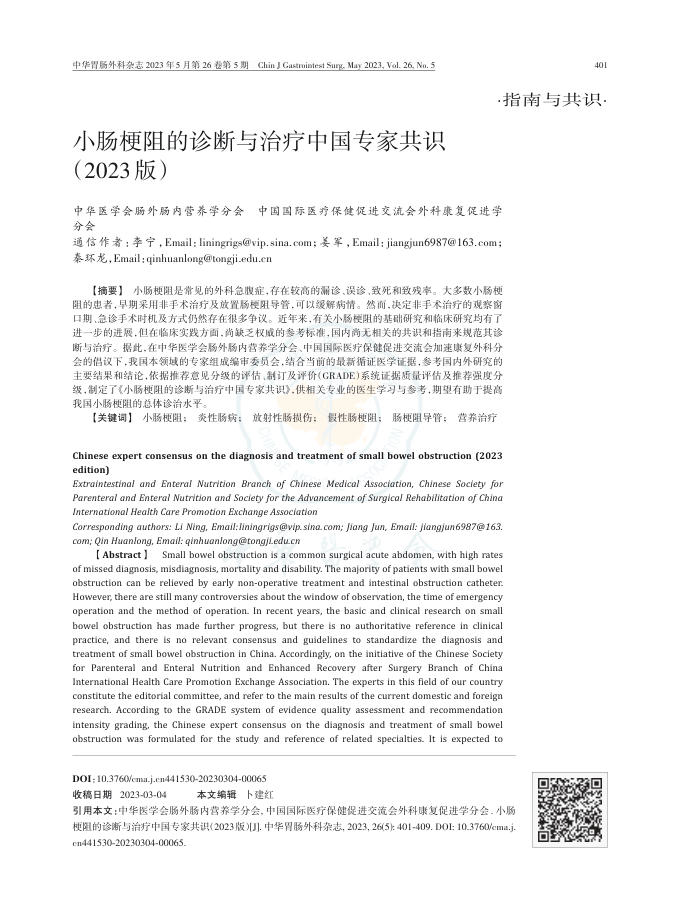 小肠梗阻的诊断与治疗中国专家共识(2023版)