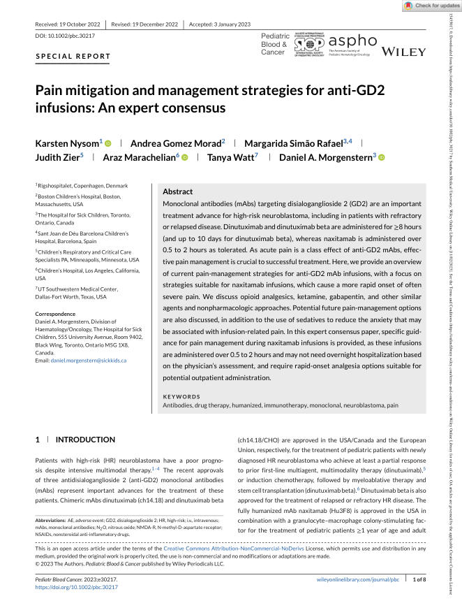 专家共识:抗GD2输注的疼痛缓解和管理策略