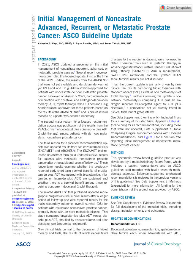 2023 ASCO 指南更新:非阉割晚期、复发性或转移性前列腺癌的初始管理