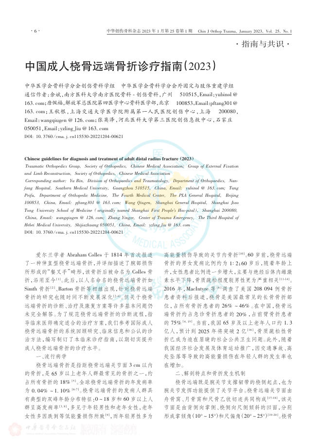 中国成人桡骨远端骨折诊疗指南(2023)