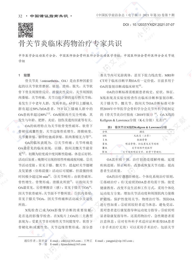 骨关节炎临床药物治疗专家共识