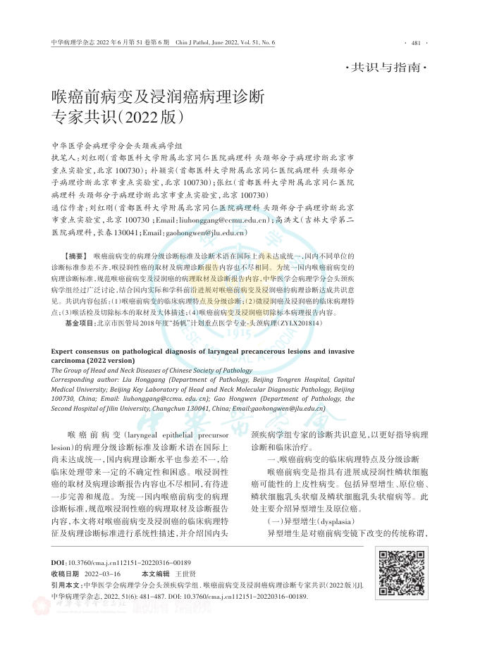 喉癌前病变及浸润癌病理诊断专家共识(2022版)