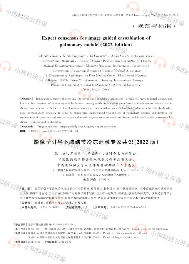 影像学引导下肺结节冷冻消融专家共识(2022)