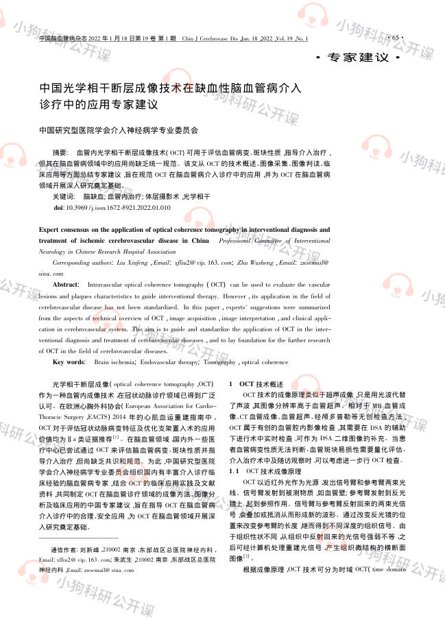 中国光学相干断层成像技术在缺血性脑血管病介入诊疗中的应用专家建议(2022)
