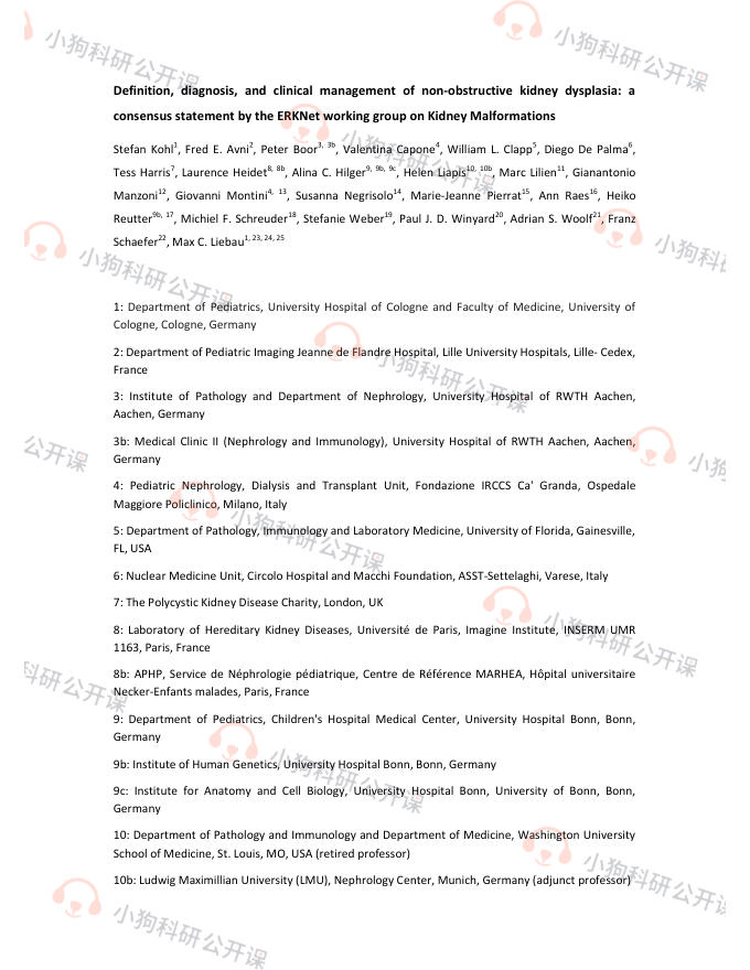ERKNet:非梗阻性肾脏发育不良的定义、诊断和临床管理的共识声明(2022)