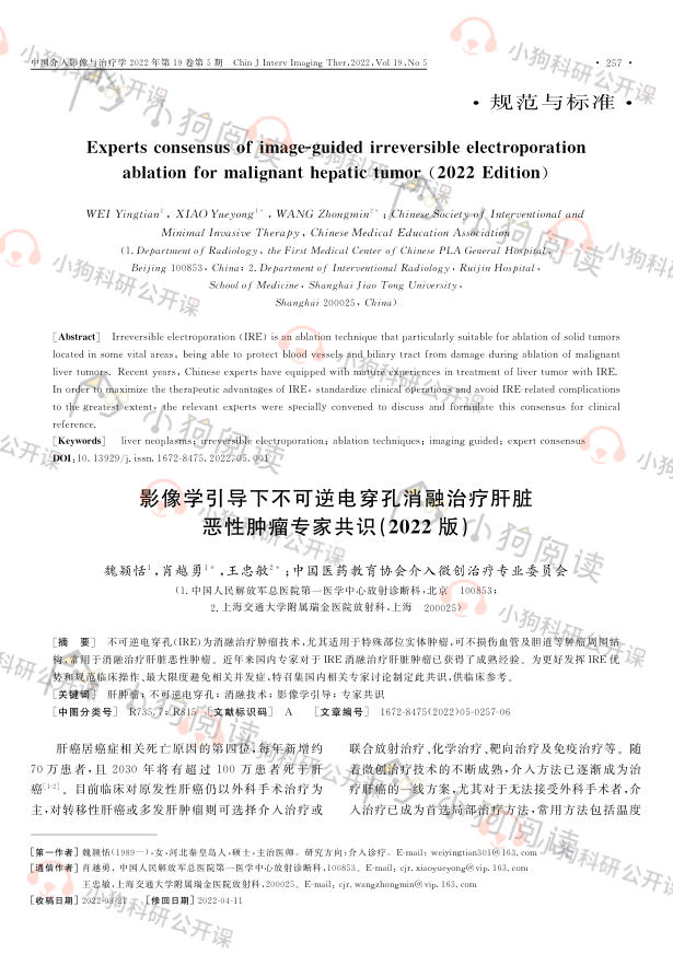 影像学引导下不可逆电穿孔消融治疗肝脏恶性肿瘤专家共识(2022版)