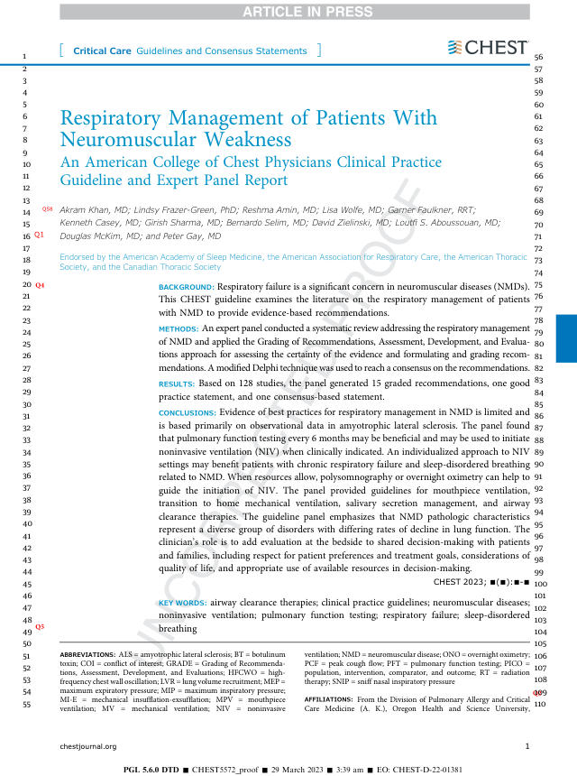 2023 ACCP临床实践指南：神经肌肉无力患者的呼吸管理