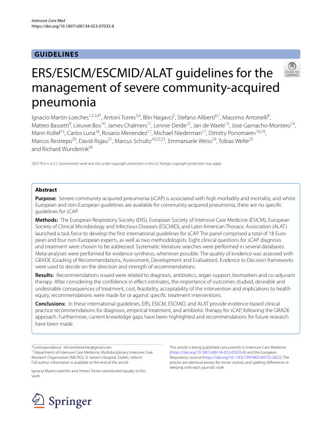 2023 ERS/ESICM/ESCMID/ALAT指南:严重社区获得性肺炎的管理