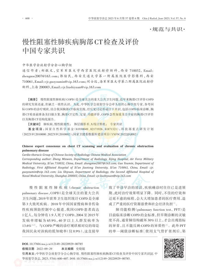 慢性阻塞性肺疾病胸部CT检查及评价中国专家共识