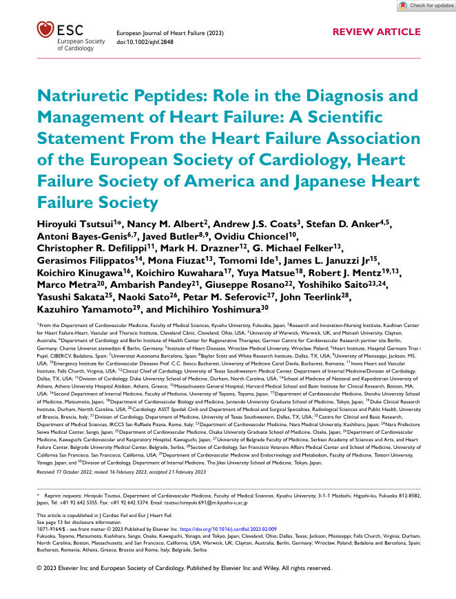 2023 ESC_HFSA_JHFS科学声明:利钠肽在心力衰竭诊断和治疗中的作用