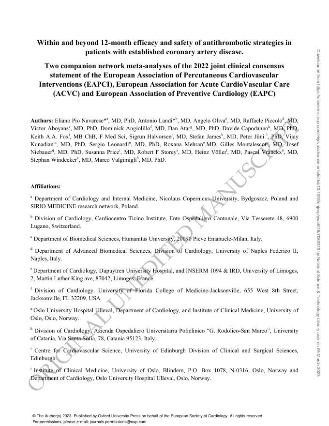 EAPCI_ACVC_EAPC联合共识声明:冠心病患者12个月内和12个月后抗血栓治疗的有效性和安全性