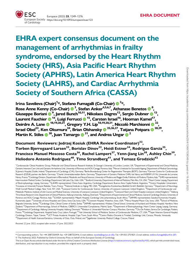 EHRA关于虚弱综合征心律失常管理的专家共识文件——心脏节律学会(HRS)、亚太心脏节律学会(APHRS)、拉丁美洲心脏
