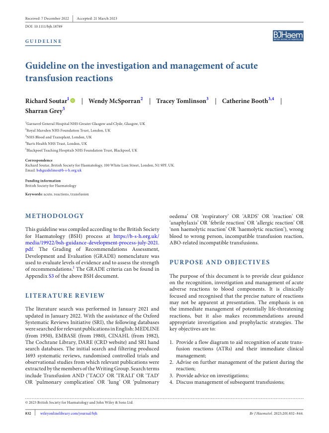 2023 BSH指南:急性输血反应的调查与管理