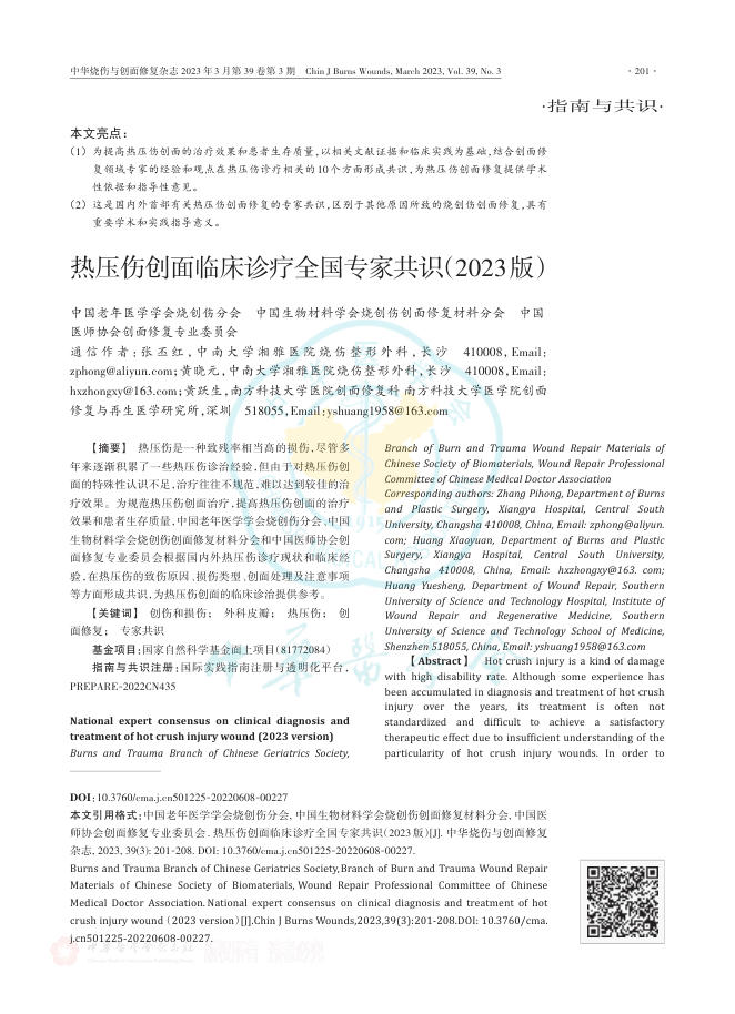 热压伤创面临床诊疗全国专家共识(2023版)