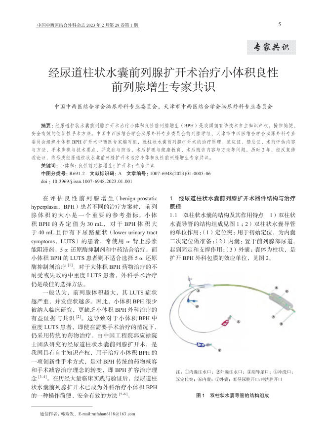 经尿道柱状水囊前列腺扩开术治疗小体积良性前列腺增生专家共识
