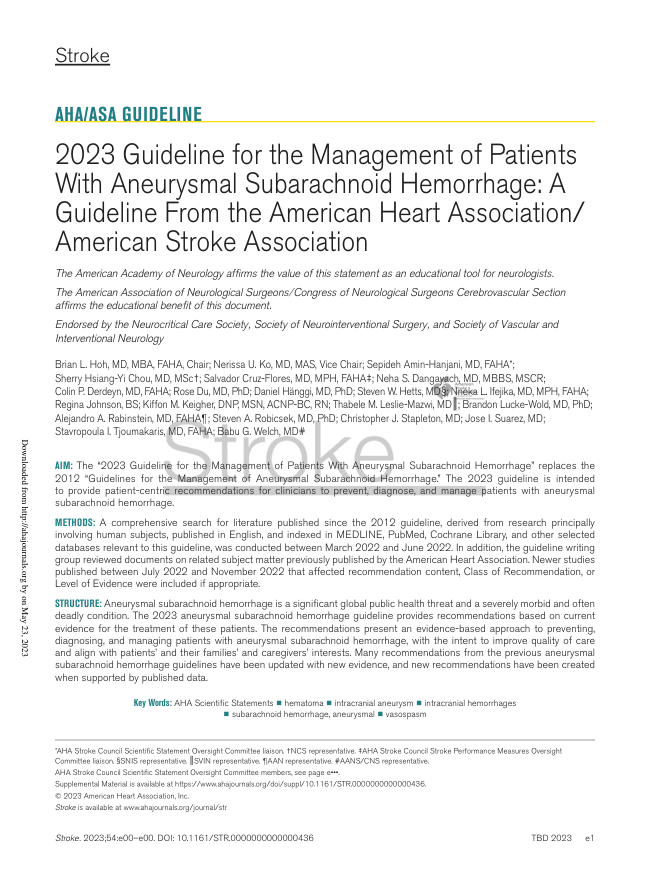 2023 AHAASA指南:动脉瘤性蛛网膜下腔出血患者的管理