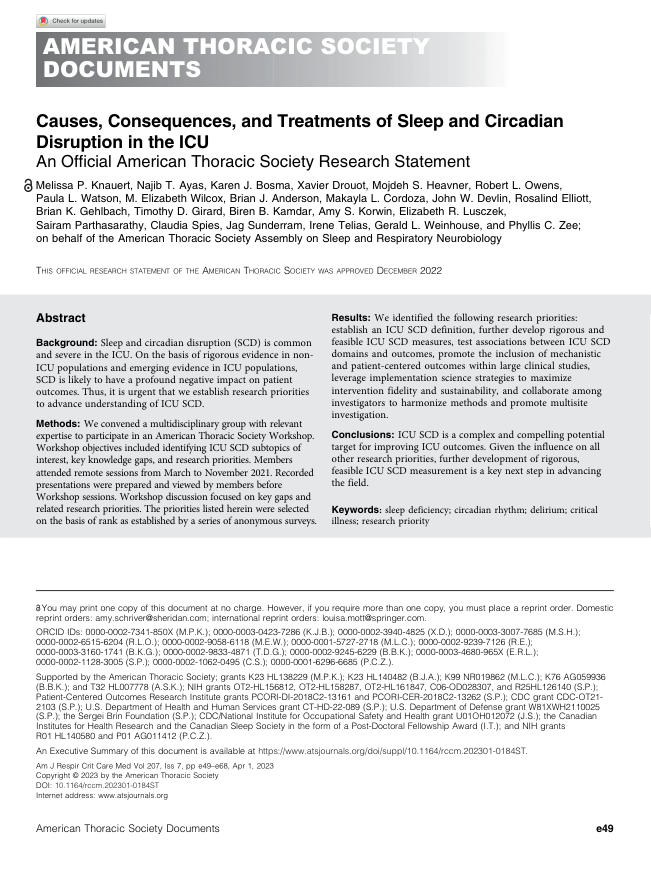 美国胸科学会官方研究声明:ICU中睡眠和昼夜节律紊乱的原因、后果和治疗