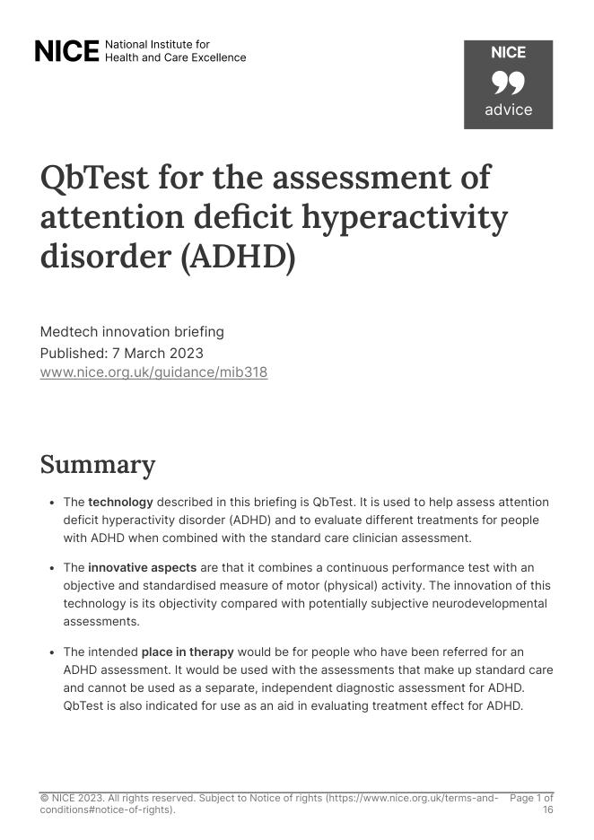 2023 NICE 医疗技术创新简报：用于评估注意力缺陷多动障碍 (ADHD) 的 QbTest [MIB318]