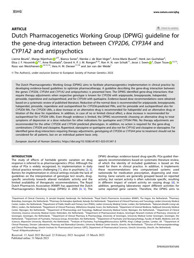 2023 DPWG指南:CYP2D6, CYP3A4和CYP1A2与抗精神病药物之间的基因-药物相互作用