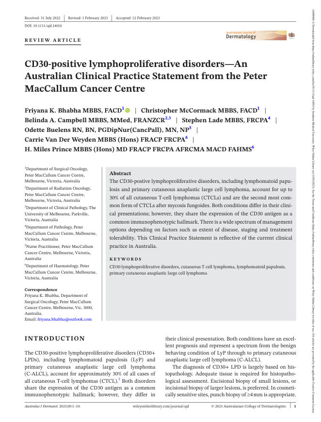 彼得·麦卡勒姆癌症中心发表的澳大利亚临床实践声明:CD30阳性淋巴细胞增殖性疾病
