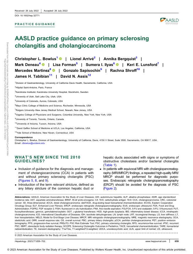 2022 AASLD实践指南:原发性硬化性胆管炎和胆管癌