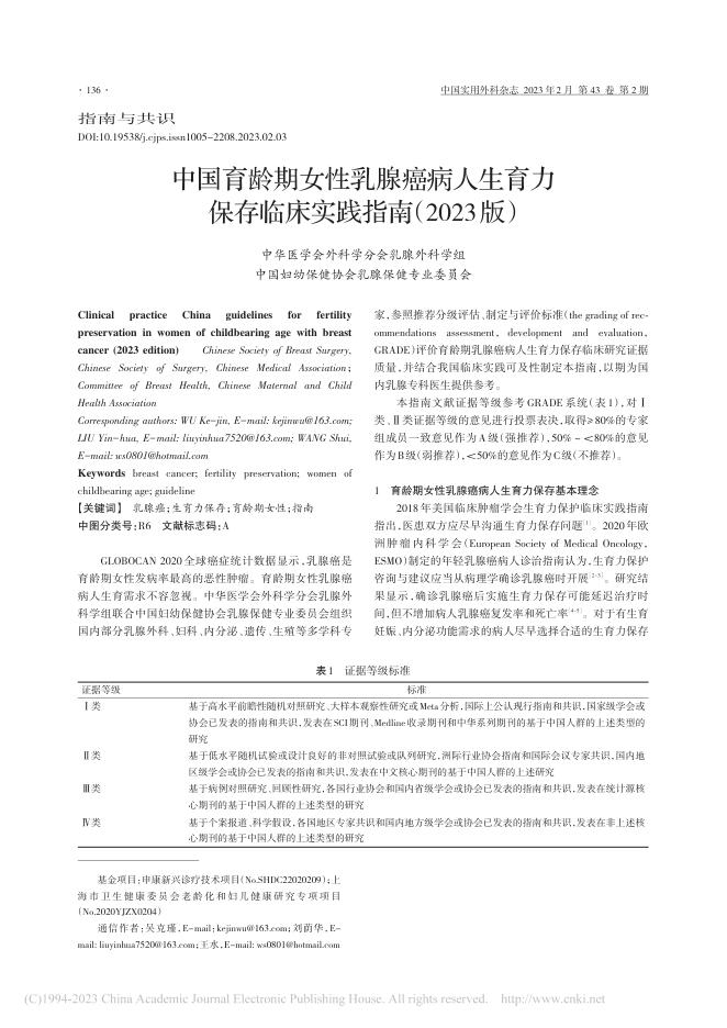 中国育龄期女性乳腺癌病人生育力保存临床实践指南(2023版)