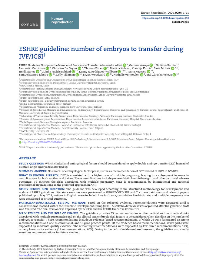 2024+ESHRE指南:IVF/ICSI期间移植的胚胎数量