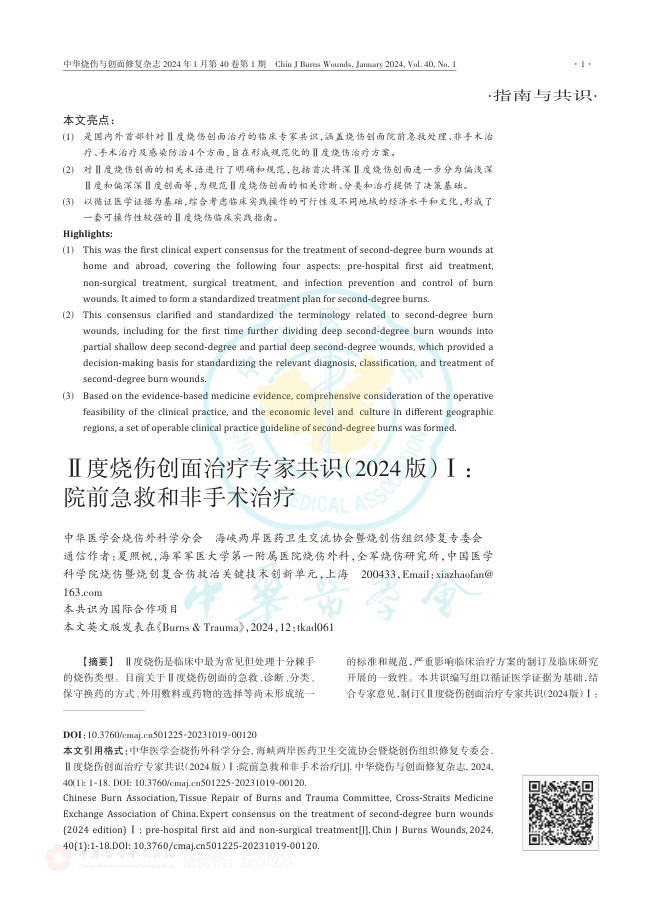 Ⅱ度烧伤创面治疗专家共识(2024版)Ⅰ:院前急救和非手术治疗