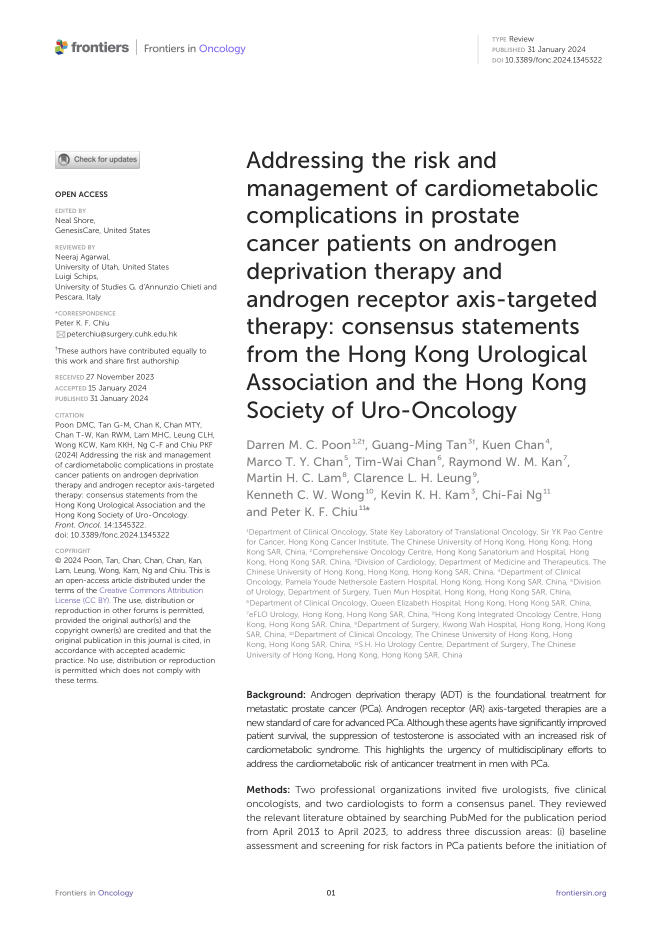 2024+HKUA/HKSUO共识声明:雄激素剥夺治疗和雄激素受体轴靶向治疗前列腺癌患者解决心脏代谢并发症的风险和管理