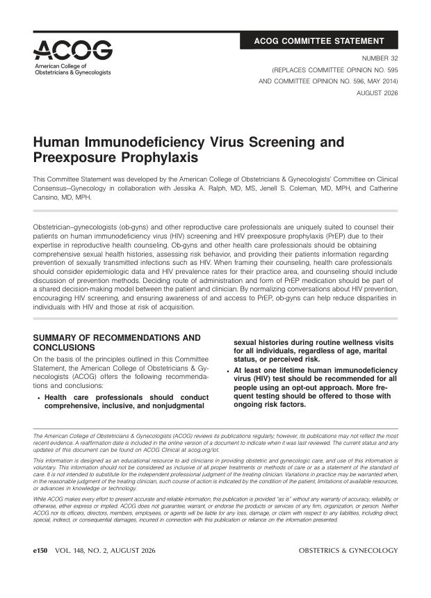 2026ACOG声明:人类免疫缺陷病毒(HIV)的筛查和暴露前预防(NO.32)