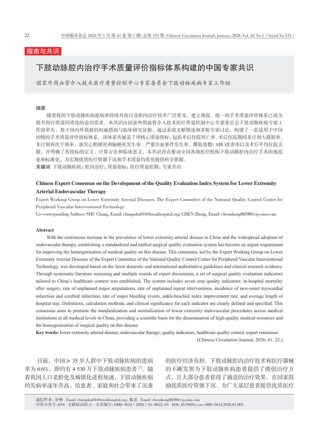 下肢动脉腔内治疗手术质量评价指标体系构建的中国专家共识