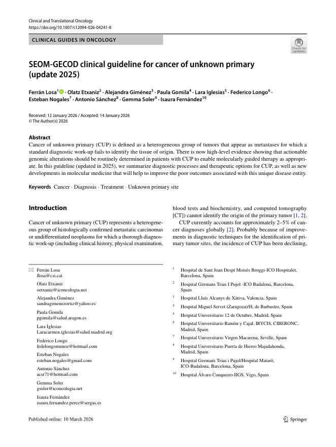 2025 SEOM/GECOD临床指南:原发灶不明肿瘤(更新版)