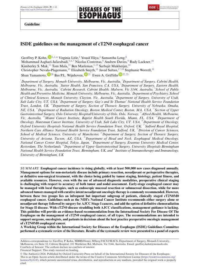 2026 ISDE指南:cT2N0期食管癌的管理