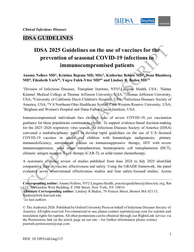 2025 IDSA指南:免疫功能低下患者使用疫苗预防季节性COVID-19感染