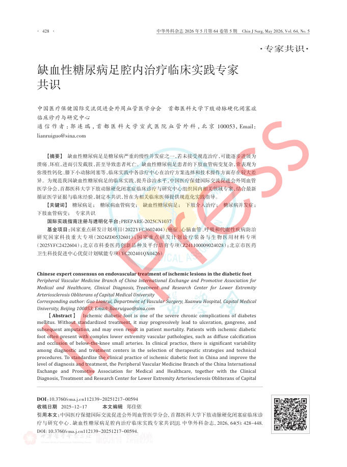 缺血性糖尿病足腔内治疗临床实践专家共识