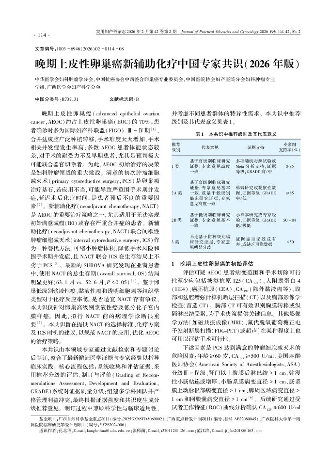 晚期上皮性卵巢癌新辅助化疗中国专家共识(2026年版)