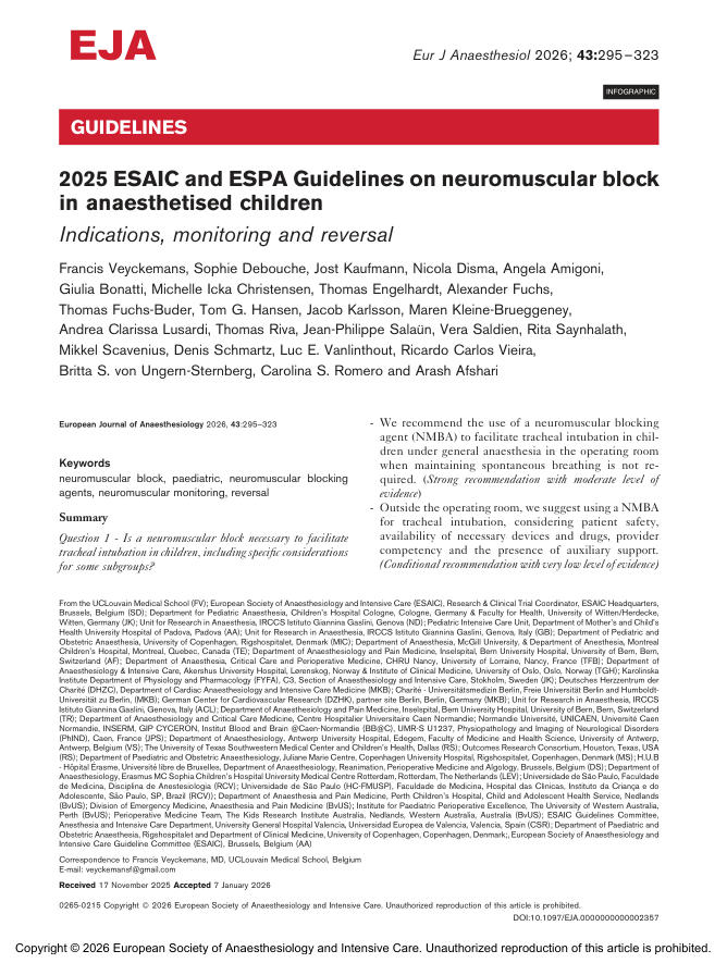 2025 ESAIC/ESPA指南:麻醉状态下儿童的神经肌肉阻滞—适应证、监测和逆转