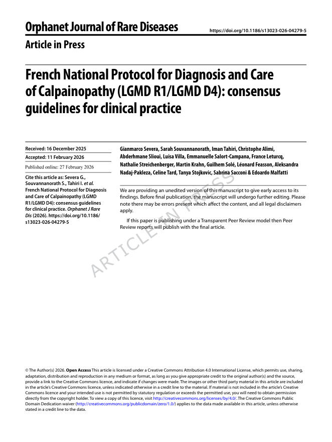 2026 法国临床实践共识指南:Calpainopathy (LGMD R1/LGMD D4)的诊断和护理