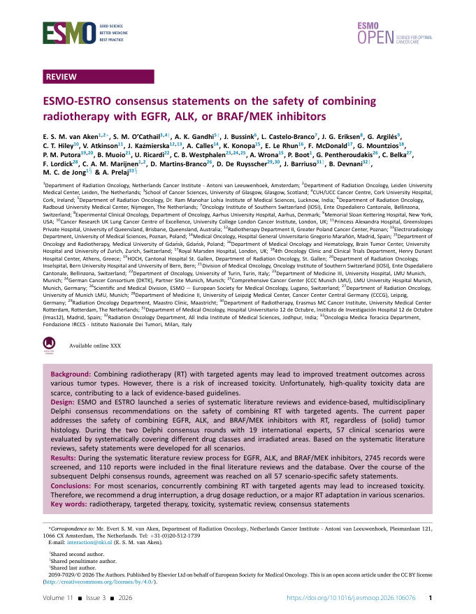2026 ESMO/ESTRO共识声明:放疗联合EGFR、ALK或BRAFMEK抑制剂治疗的安全性