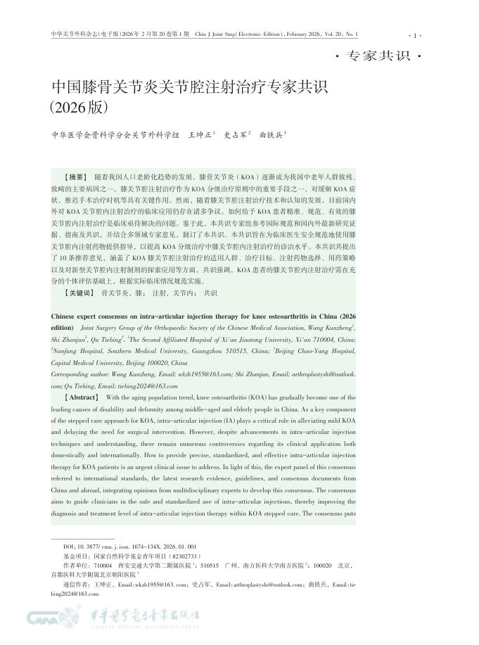 中国膝骨关节炎关节腔注射治疗专家共识(2026版)