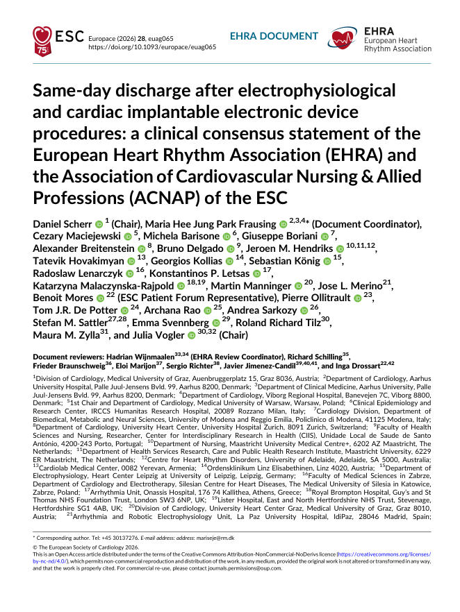 2026 EHRA/ACNAP临床共识声明:电生理及心脏植入式电子装置手术后当日出院