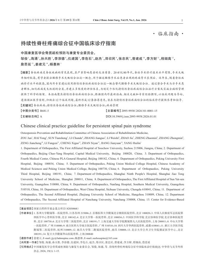 持续性脊柱疼痛综合征中国临床诊疗指南