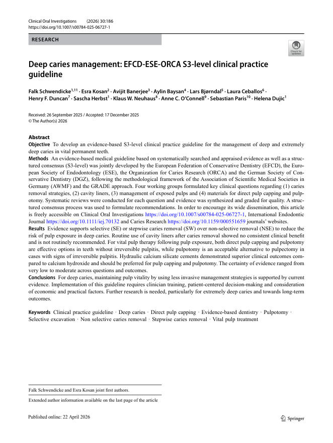 2026 EFCD/ESE/ORCA临床实践指南:深龋的管理