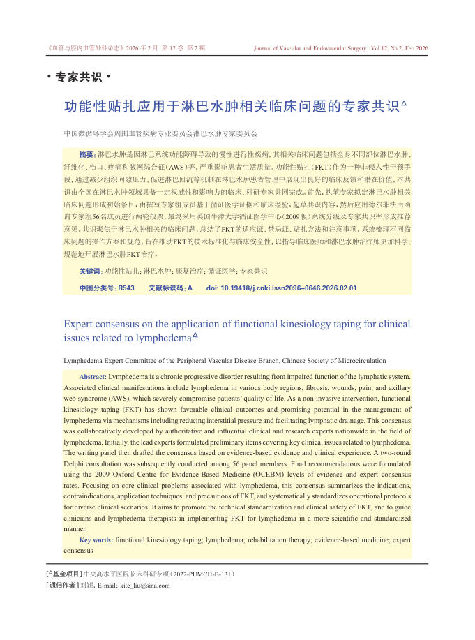 功能性贴扎应用于淋巴水肿相关临床问题的专家共识
