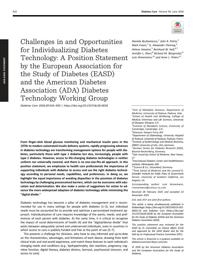 2026 EASD/ADA立场声明:个性化糖尿病技术的挑战与机遇