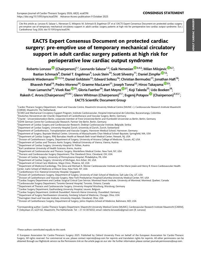 2026 EACTS专家共识文件:保护性心脏手术—围术期低心输出量综合征高危成人心脏手术患者预先使用临时机械循环支持