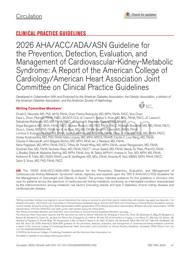 2026 AHA/ACC/ADA/ASN指南:心血管-肾脏-代谢综合征的预防,检测、评估和管理