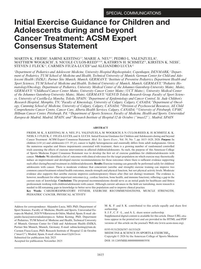 2026 ACSM专家共识声明:儿童和青少年在癌症治疗期间和之后的初步运动指导