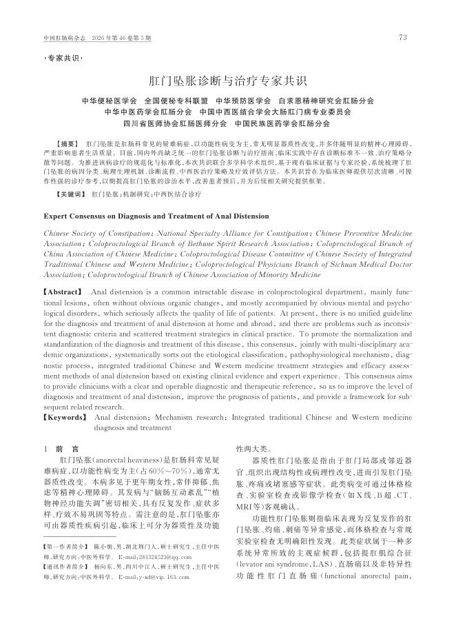 肛门坠胀诊断与治疗专家共识